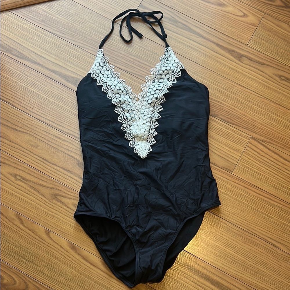 Black Lace Trim One-Piece Swimsuit